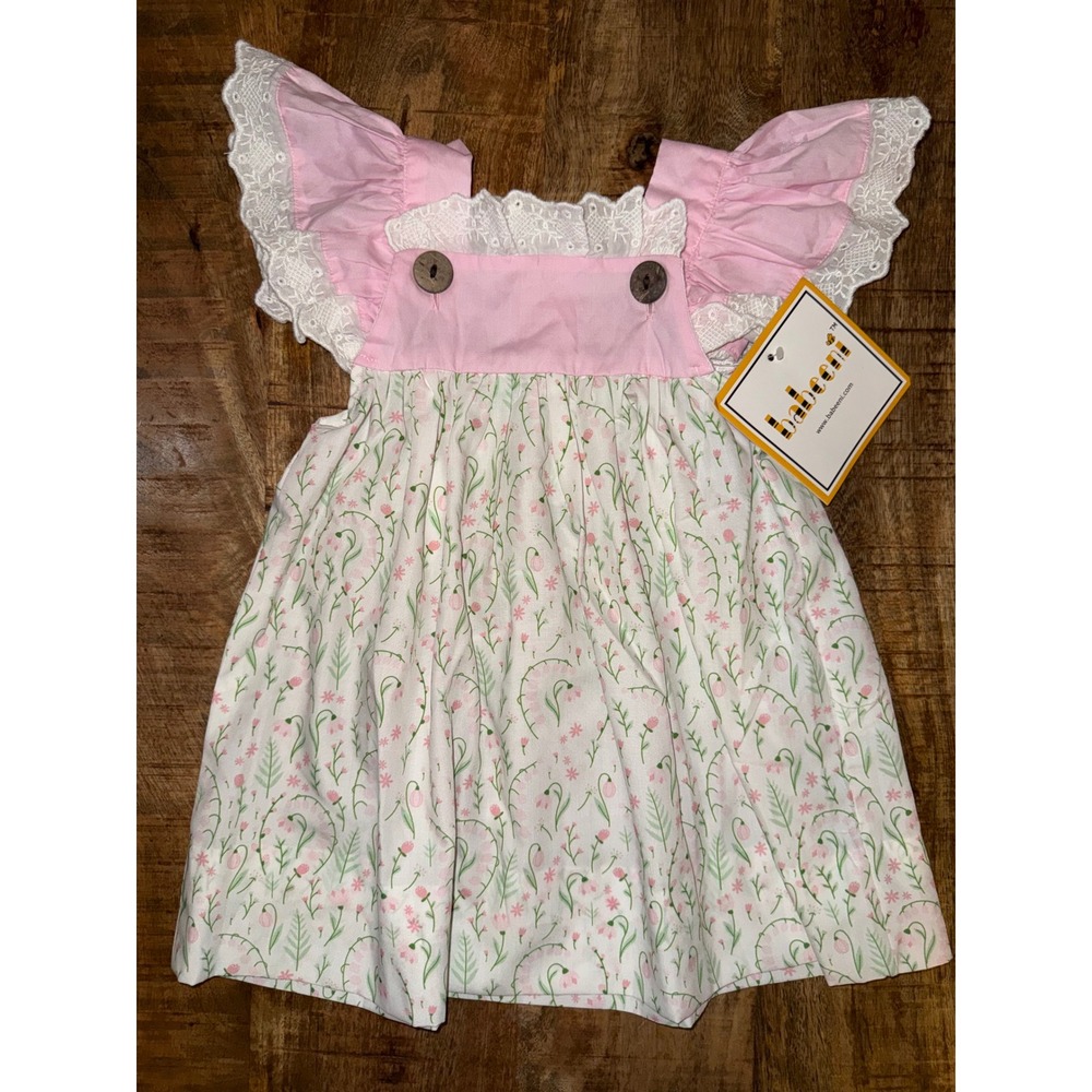 Babeeni Pink Floral Flutter Sleeve Eyelet Lace Cotton Dress 12M NWT